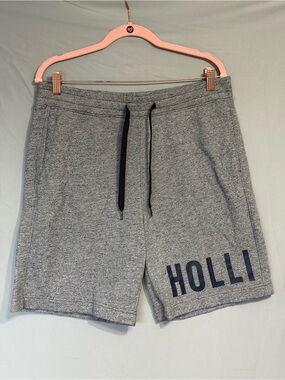 Hollister Mens Sweat Shorts Size L Grey Navy Spellout Loungewear Comfy Gym Logo